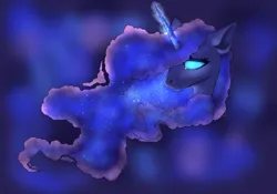 Size: 2000x1400 | Tagged: safe, artist:spaceyart1, derpibooru import, princess luna, pony, abstract background, ethereal mane, galaxy mane, glow, glowing eyes, head only, image, png, solo