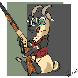 Size: 1024x1024 | Tagged: safe, artist:zeebs, derpibooru import, oc, oc:immanuel, unofficial characters only, goat, abstract background, clothes, glasses, goat oc, gun, horizontal pupils, horns, image, lever action rifle, looking at you, png, rectangular pupil, rifle, shirt, sitting, solo, tongue out, vest, waistcoat, weapon