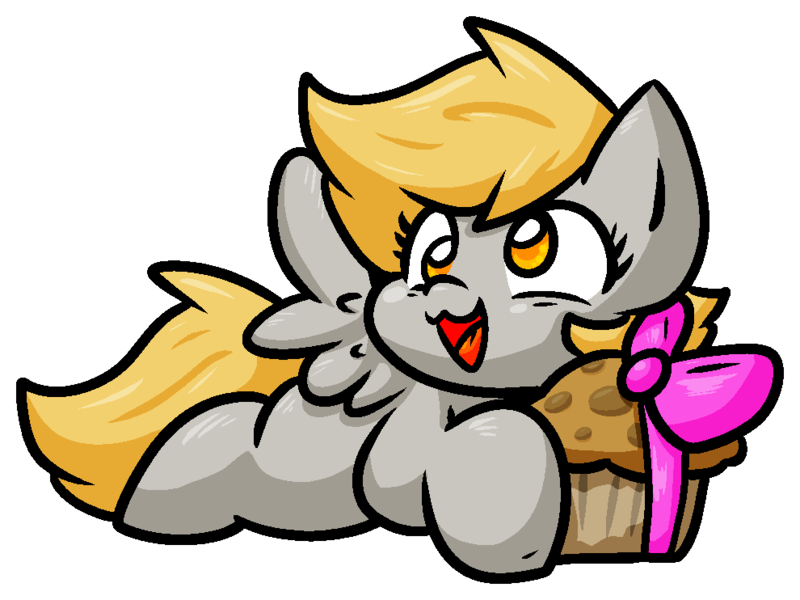 Size: 990x742 | Tagged: safe, artist:zutcha, derpibooru import, derpy hooves, pegasus, pony, cute, derpabetes, female, food, hoof hold, image, lying down, mare, missing cutie mark, muffin, open mouth, open smile, outline, png, prone, simple background, smiling, solo, sploot, spread wings, transparent background, white outline, wings