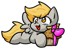 Size: 990x742 | Tagged: safe, artist:zutcha, derpibooru import, derpy hooves, pegasus, pony, cute, derpabetes, female, food, hoof hold, image, lying down, mare, missing cutie mark, muffin, open mouth, open smile, outline, png, prone, simple background, smiling, solo, sploot, spread wings, transparent background, white outline, wings