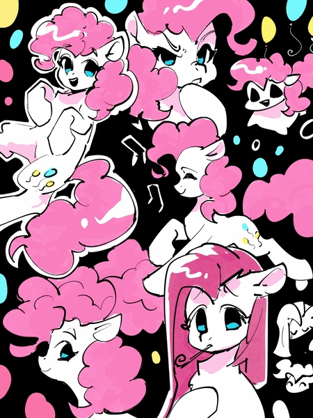 Size: 1620x2160 | Tagged: safe, artist:lendftcn, derpibooru import, pinkie pie, earth pony, pony, balloon, black background, chibi, female, image, jpeg, mare, open mouth, open smile, party horn, pinkamena diane pie, simple background, smiling, solo
