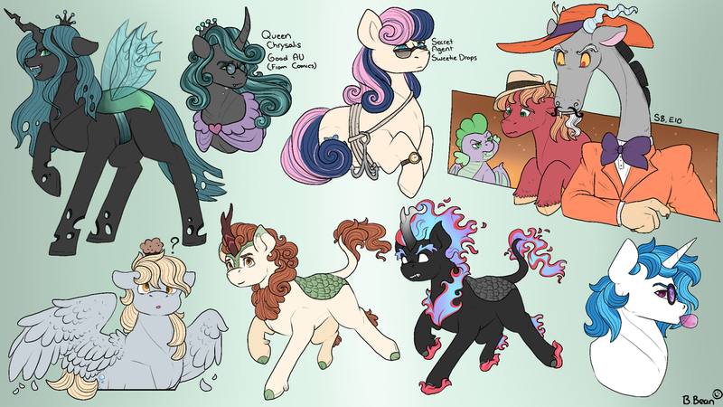 Size: 1280x720 | Tagged: safe, artist:binibean, derpibooru import, autumn blaze, big macintosh, bon bon, derpy hooves, discord, queen chrysalis, spike, sweetie drops, vinyl scratch, changeling, changeling queen, draconequus, dragon, earth pony, kirin, nirik, pegasus, pony, unicorn, bubblegum, bust, female, food, gradient background, gum, image, male, mare, mirror universe, muffin, png, question mark, reversalis, secret agent sweetie drops, signature, stallion, zoot suit