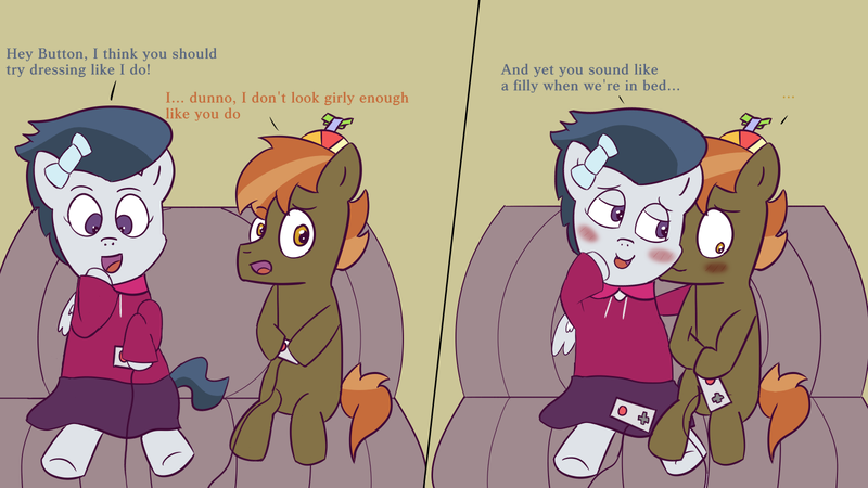 Size: 1600x900 | Tagged: questionable, artist:wanda, derpibooru import, button mash, rumble, earth pony, pegasus, pony, bedroom eyes, clothes, colt, couch, foal, gay, image, male, png, rumblemash, shipping, teasing