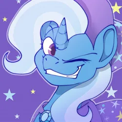 Size: 2048x2048 | Tagged: safe, artist:skeledoodles, derpibooru import, trixie, pony, brooch, cape, clothes, eyebrows, female, g4, hat, high res, horn, image, jewelry, jpeg, looking at you, mare, one eye closed, solo, stars, trixie's brooch, trixie's cape, trixie's hat, wink, winking at you