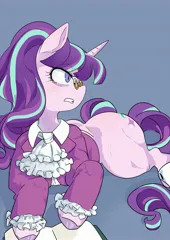 Size: 2507x3541 | Tagged: safe, artist:gakushuogawa, derpibooru import, snowfall frost, starlight glimmer, pony, unicorn, blue background, book, female, glasses, image, jpeg, looking offscreen, mare, simple background, solo, turned head