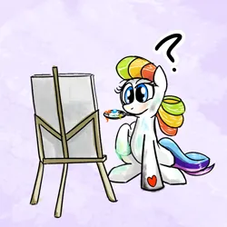 Size: 1000x1000 | Tagged: safe, artist:valeidem, derpibooru import, earth pony, pony, g3, canvas, female, finger paints, g3 to g4, g4, generation leap, image, mare, mouth hold, paint, painting, png, question mark, simple background, sitting, solo