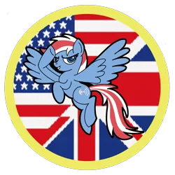 Size: 2000x2000 | Tagged: safe, artist:zodiacx10, derpibooru import, oc, unofficial characters only, pegasus, pony, american flag, female, flag, image, mare, patch, png, salute, simple background, smiling, solo, spread wings, transparent background, union jack, wings