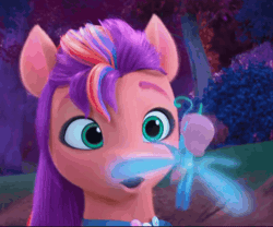 Size: 1280x1066 | Tagged: safe, derpibooru import, screencap, sunny starscout, breezie, g5, my little pony: make your mark, spoiler:g5, spoiler:my little pony: make your mark, spoiler:my little pony: make your mark chapter 5, spoiler:mymc05e02, animated, cute, excited, family trees, flying, gif, happy, hoof on cheek, image, mane stripe sunny, my little pony: make your mark chapter 5, night, smiling, sunnybetes