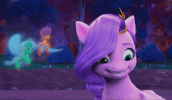 Size: 1410x818 | Tagged: safe, derpibooru import, screencap, pipp petals, breezie, g5, my little pony: make your mark, spoiler:g5, spoiler:my little pony: make your mark, spoiler:my little pony: make your mark chapter 5, spoiler:mymc05e02, animated, family trees, flying, gif, happy, image, mobile phone, my little pony: make your mark chapter 5, night, phone