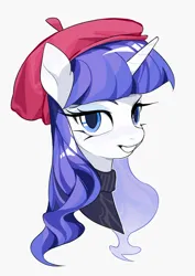 Size: 1446x2048 | Tagged: safe, artist:6ji5z6gmst1j2vs, derpibooru import, rarity, pony, unicorn, beatnik rarity, beret, bust, clothes, female, grin, hat, image, jpeg, looking at you, mare, smiling, smiling at you, solo, sweater, turtleneck