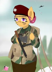 Size: 1040x1456 | Tagged: safe, artist:mairiathus, derpibooru import, pony, equestria at war mod, beret, binoculars, bipedal, clothes, female, gun, hat, image, jpeg, mare, military uniform, parachute, paratrooper, plane, signature, sky, smiling, solo, sten submachinegun, submachinegun, uniform, war paint, weapon