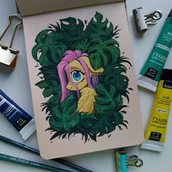 Size: 2560x2560 | Tagged: safe, artist:amishy, derpibooru import, fluttershy, pegasus, pony, bush, cute, female, floppy ears, image, jpeg, leaves, looking at you, mare, shy, shyabetes, solo, traditional art