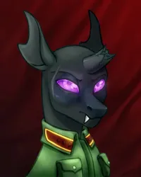 Size: 1200x1500 | Tagged: safe, artist:mr.catfish, derpibooru import, oc, changeling, human, equestria at war mod, bald, broken horn, bust, changeling oc, eye scar, facial scar, frown, horn, humanized, image, jpeg, looking at you, male, portrait, purple eyes, red background, scar, simple background, solo