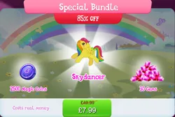 Size: 1270x854 | Tagged: safe, derpibooru import, idw, official, skydancer, pegasus, pony, g1, bow, bundle, costs real money, english, female, g4, gameloft, gem, idw showified, image, jpeg, magic coins, mare, mobile game, my little pony: magic princess, numbers, sale, solo, tail, tail bow, text, wings