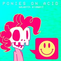 Size: 1400x1400 | Tagged: safe, artist:hackd, derpibooru import, pinkie pie, earth pony, pony, acid, album cover, bipedal, bust, image, pictogram, png, skull, smiley face, solo, speech bubble