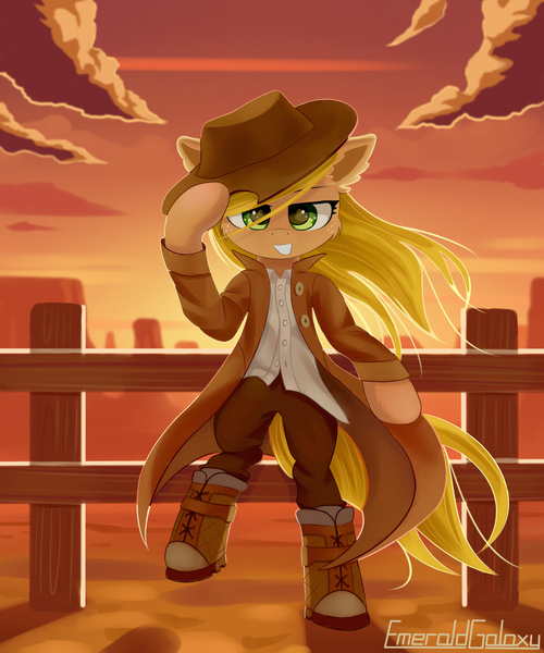 Size: 2500x3000 | Tagged: safe, artist:emeraldgalaxy, derpibooru import, applejack, earth pony, pony, bipedal, boots, clothes, coat, cowboy hat, eyebrows, female, fence, freckles, g4, grin, hat, high res, image, jpeg, longcoat, looking at you, mare, outdoors, pants, shirt, shoes, signature, smiling, smiling at you, solo