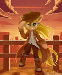 Size: 2500x3000 | Tagged: safe, artist:emeraldgalaxy, derpibooru import, applejack, earth pony, pony, bipedal, boots, clothes, coat, cowboy hat, eyebrows, female, fence, freckles, g4, grin, hat, high res, image, jpeg, longcoat, looking at you, mare, outdoors, pants, shirt, shoes, signature, smiling, smiling at you, solo