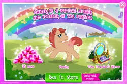 Size: 1957x1301 | Tagged: safe, derpibooru import, idw, official, peachy, earth pony, pony, g1, advertisement, bow, bush, costs real money, english, female, g4, gameloft, gem, idw showified, image, jpeg, mare, mobile game, my little pony: magic princess, numbers, sale, solo, solo focus, tail, tail bow, text