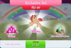Size: 1266x856 | Tagged: safe, derpibooru import, idw, official, peachy, earth pony, pony, g1, bow, bundle, bush, costs real money, english, female, g4, gameloft, gem, idw showified, image, jpeg, mare, mobile game, my little pony: magic princess, numbers, sale, solo, solo focus, tail, tail bow, text