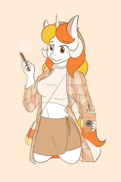 Size: 1365x2048 | Tagged: safe, artist:mscolorsplash, derpibooru import, oc, oc:candy corn, unofficial characters only, anthro, pony, unicorn, belly button, breasts, busty oc, clothes, coffee cup, cup, drink, eyebrows, eyebrows visible through hair, female, flannel, image, mare, midriff, mobile phone, orange background, phone, png, pumpkin spice, simple background, skirt, smartphone, smiling, solo, starbucks