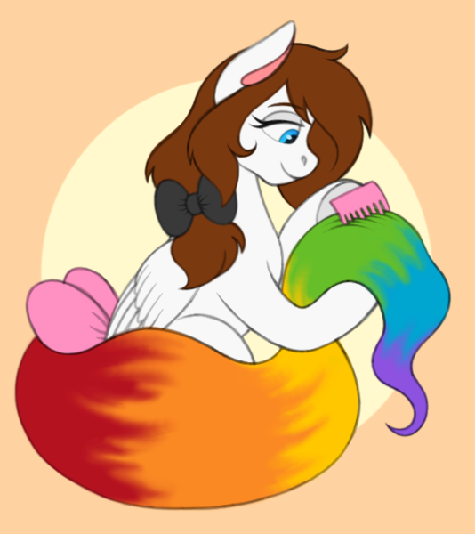 Size: 601x675 | Tagged: safe, artist:bluegirrafe17, derpibooru import, oc, oc:color splash, unofficial characters only, pegasus, pony, bow, comb, female, hair bow, hoof hold, image, lidded eyes, mare, orange background, png, rainbow tail, simple background, smiling, solo, tail, tail bow