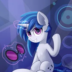 Size: 2000x2000 | Tagged: safe, artist:emeraldgalaxy, derpibooru import, vinyl scratch, pony, unicorn, eye clipping through hair, eyebrows, eyebrows visible through hair, female, g4, glasses, glow, glowing horn, grin, high res, horn, image, jpeg, levitation, looking at you, magic, magic aura, mare, raised hoof, signature, sitting, smiling, smiling at you, solo, speaker, telekinesis, vinyl's glasses