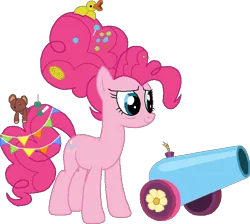 Size: 718x644 | Tagged: safe, artist:scootaloormayfly, derpibooru import, pinkie pie, earth pony, pony, image, older, older pinkie pie, party cannon, pixel art, plushie, png, rubber duck, simple background, solo, teddy bear, transparent background