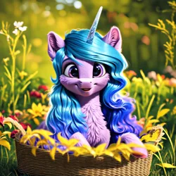 Size: 4096x4096 | Tagged: safe, derpibooru import, machine learning generated, izzy moonbow, fluffy pony, pony, unicorn, g5, ai content, basket, chest fluff, ear fluff, image, jpeg, looking at you, photorealistic, prompter:artificial igloo, smiling, smiling at you, solo