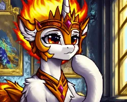 Size: 1920x1536 | Tagged: safe, derpibooru import, machine learning generated, stable diffusion, daybreaker, alicorn, pony, ai content, armor, generator:purplesmart.ai, image, jewelry, pixel art, png, prompter:mr-bat, thinking