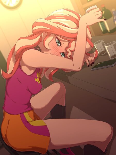 Size: 1200x1600 | Tagged: suggestive, artist:rockset, sunset shimmer, human, equestria girls, alcohol, armpits, background, black nail polish, blue eyes, blushing, bottle, butt, cel shading, chair, choker, clock, drunk, evil sunset shimmer, head on table, humanized, image, jpeg, knee-high boots, mobile phone, nail polish, phone, shading, side view, sitting, smartphone, solo, spiked choker, spread legs, spreading, tight clothing