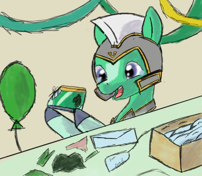 Size: 2184x1909 | Tagged: safe, artist:php176, derpibooru import, pegasus, pony, g5, armor, art style test, balloon, birthday, box, clothes, different art style, envelope, happy, helmet, image, male, messy art style, open mouth, paper, pegasus royal guard, png, present, royal guard, shoes, sketchy, sneakers, solo, stallion, streamers, table, test, thunder flap