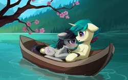 Size: 2650x1656 | Tagged: safe, artist:emeraldgalaxy, derpibooru import, octavia melody, oc, oc:remainatto, earth pony, pony, unicorn, blushing, boat, canon x oc, chest fluff, commission, duo, duo male and female, ear fluff, eye clipping through hair, eye contact, eyebrows, eyebrows visible through hair, female, floppy ears, g4, high res, horn, image, looking at each other, looking at someone, male, mare, open mouth, outdoors, png, river, scenery, shipping, signature, stallion, straight, tree branch, unicorn oc, water
