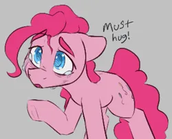 Size: 335x270 | Tagged: safe, artist:newpone, derpibooru import, pinkie pie, earth pony, pony, crying, cute, female, hugs needed, image, png, raised hoof, simple background, solo, solo female, text