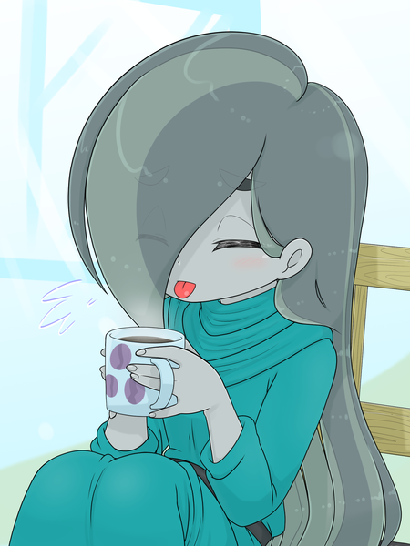 Size: 1668x2224 | Tagged: safe, artist:batipin, derpibooru import, marble pie, human, equestria girls, chair, coffee, coffee cup, cup, cutie mark, equestria girls-ified, eyes closed, female, image, indoors, png, sitting, solo, tongue out, window