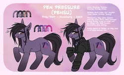 Size: 3260x1976 | Tagged: safe, artist:pensu, derpibooru import, oc, oc:pen pressure, unofficial characters only, earth pony, pony, clothes, collar, collar ring, earth pony oc, image, nonbinary, png, reference sheet