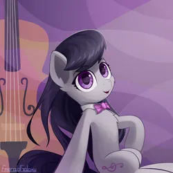 Size: 2000x2000 | Tagged: safe, artist:emeraldgalaxy, derpibooru import, octavia melody, earth pony, pony, bowtie, cello, cute, ear fluff, eyebrows, eyebrows visible through hair, female, g4, high res, image, jpeg, looking at you, mare, musical instrument, open mouth, open smile, signature, smiling, smiling at you, solo, tavibetes