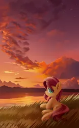 Size: 1800x2900 | Tagged: safe, artist:emeraldgalaxy, derpibooru import, sunset shimmer, pony, unicorn, cloud, cute, ear fluff, eye clipping through hair, eyebrows, eyebrows visible through hair, female, frog (hoof), g4, grass, high res, horn, image, looking at you, looking back, looking back at you, lying down, mare, outdoors, png, profile, scenery, shimmerbetes, signature, sky, smiling, smiling at you, solo, sunset, twilight (astronomy), underhoof, water