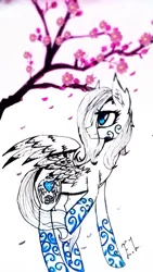 Size: 542x960 | Tagged: safe, artist:hysteriana, derpibooru import, oc, oc:hysteriana, pegasus, angel, cherry blossoms, flower, flower blossom, folded wings, image, old art, pattern, png, sketch, wings