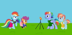 Size: 1024x497 | Tagged: safe, artist:scoutimusprime, derpibooru import, bow hothoof, rainbow dash, scootaloo, windy whistles, pegasus, pony, adopted, adopted offspring, alternate clothes, alternate hairstyle, ballerina, camera, clothes, family, father and child, father and daughter, female, filly, foal, grin, headcanon in the description, image, jpeg, male, mare, mother and child, mother and daughter, scootadoption, scootalove, scootarina, siblings, sisters, smiling, stallion