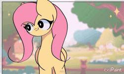Size: 1700x1020 | Tagged: safe, artist:miryelis, derpibooru import, fluttershy, pegasus, pony, animated, big ears, cute, female, gif, heart, image, long hair, looking at you, mare, shyabetes, signature, smiling, smiling at you, solo