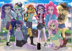 Size: 2814x2000 | Tagged: safe, artist:emeraldblast63, derpibooru import, applejack, fluttershy, pinkie pie, rainbow dash, rarity, sci-twi, sunset shimmer, twilight sparkle, human, equestria girls, clothes, female, glasses, group, hat, high res, humane five, humane seven, humane six, image, kneeling, looking at you, mane six, octet, open mouth, open smile, png, sitting, smiling, smiling at you