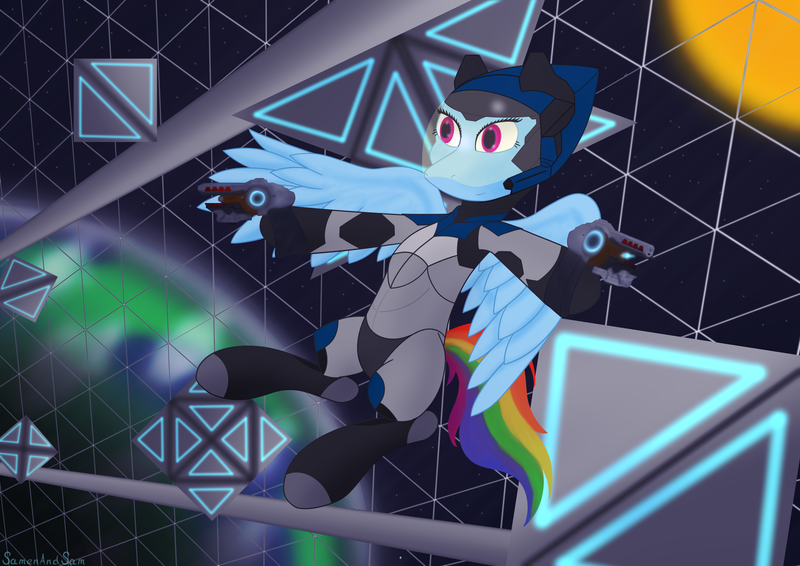 Size: 3508x2480 | Tagged: safe, artist:samenandsam, derpibooru import, rainbow dash, pegasus, pony, crossover, earth, ender's game, female, flying, image, mare, png, solo, space, spacesuit, sun, wings