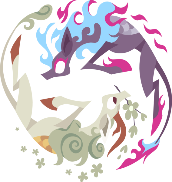 Size: 2545x2687 | Tagged: safe, alternate version, artist:dany-the-hell-fox, derpibooru import, kirin, nirik, sounds of silence, duality, duo, flower, image, mane of fire, mouth hold, png, simple background, transparent background, vector, yin-yang
