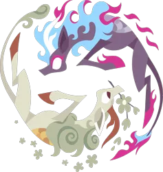 Size: 2545x2687 | Tagged: safe, alternate version, artist:dany-the-hell-fox, derpibooru import, kirin, nirik, sounds of silence, duality, duo, flower, image, mane of fire, mouth hold, png, simple background, transparent background, vector, yin-yang