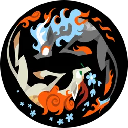 Size: 800x800 | Tagged: safe, alternate version, artist:dany-the-hell-fox, derpibooru import, kirin, nirik, sounds of silence, black background, duality, duo, flower, image, mane of fire, mouth hold, png, simple background, vector, yin-yang