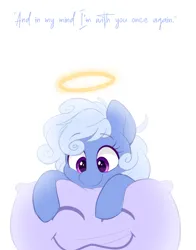 Size: 854x1089 | Tagged: safe, artist:higgly-chan, oc, oc:comfy pillow, unofficial characters only, pony, female, halo, image, looking down, mare, pillow, png, simple background, solo, white background