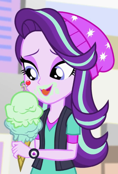 Size: 1143x1688 | Tagged: safe, derpibooru import, screencap, spike, starlight glimmer, equestria girls, mirror magic, spoiler:eqg specials, cherry, eyes on the prize, female, food, ice cream, image, implied vore, juicy spike, licking, looking down, male, micro, open mouth, png, shipping, sparlight, straight, tongue out