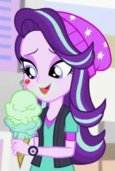 Size: 1143x1688 | Tagged: safe, derpibooru import, screencap, spike, starlight glimmer, equestria girls, mirror magic, spoiler:eqg specials, cherry, eyes on the prize, female, food, ice cream, image, implied vore, juicy spike, licking, looking down, male, micro, open mouth, png, shipping, sparlight, straight, tongue out