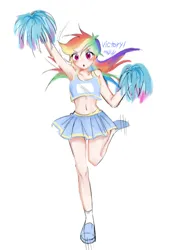 Size: 596x815 | Tagged: safe, artist:rainn__1026, derpibooru import, rainbow dash, human, :o, blushing, cheerleader, cheerleader outfit, clothes, eye clipping through hair, eyebrows, eyebrows visible through hair, female, image, midriff, open mouth, png, pom pom, shoes, simple background, skirt, solo, white background