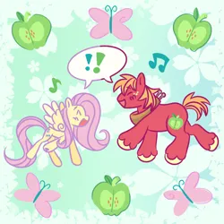 Size: 1500x1500 | Tagged: safe, artist:hidoodlee, derpibooru import, big macintosh, fluttershy, earth pony, pegasus, pony, cute, exclamation point, female, fluttermac, image, macabetes, male, mare, music notes, open mouth, open smile, png, shipping, shyabetes, singing, smiling, stallion, straight